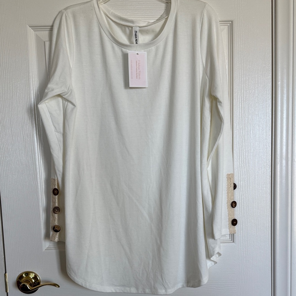 NEW! Zenana Premium Ivory Long Sleeve Tee with Button Cuff Detail, Size XL